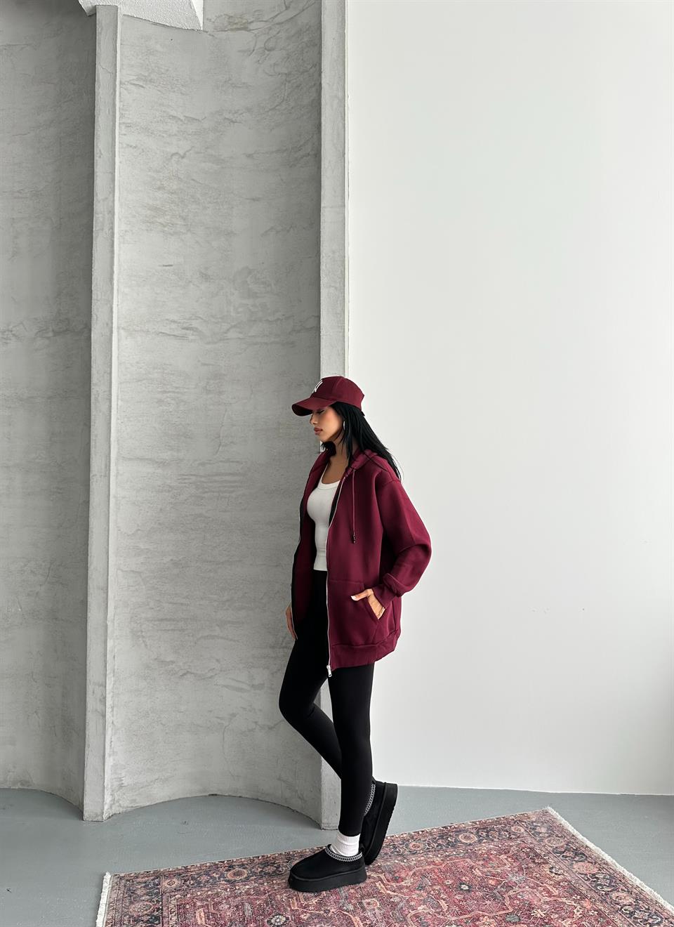 Fermuarlı Kapüşonlu Oversize Bordo Hırka