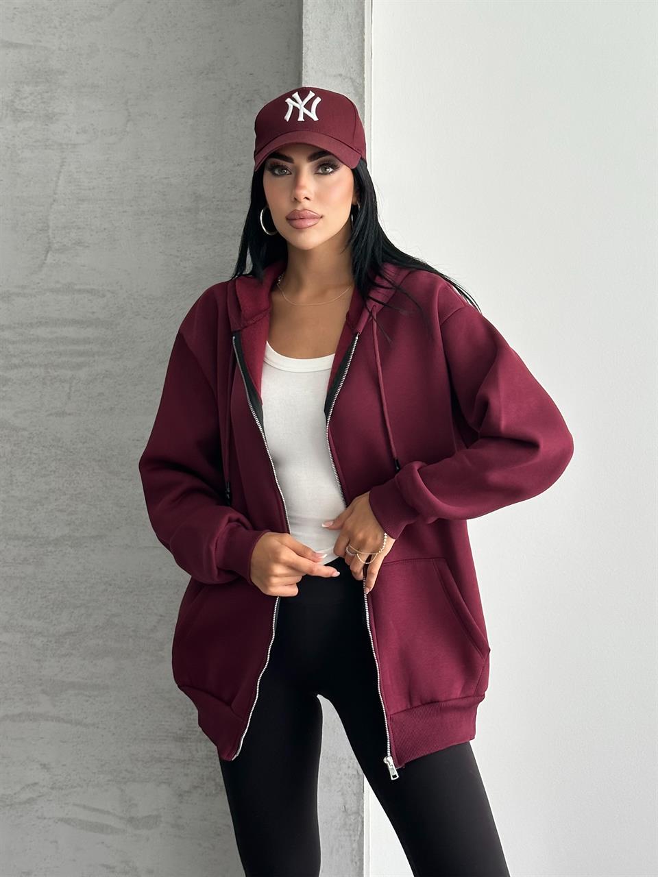 Fermuarlı Kapüşonlu Oversize Bordo Hırka