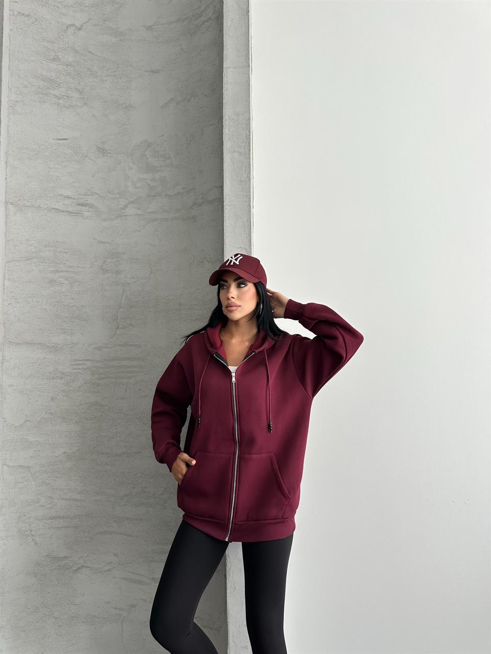 Fermuarlı Kapüşonlu Oversize Bordo Hırka