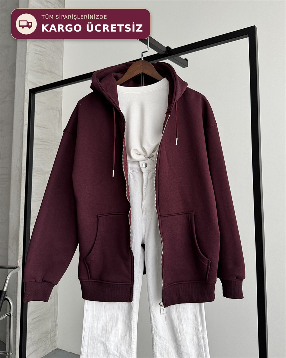 Fermuarlı Kapüşonlu Oversize Bordo Hırka