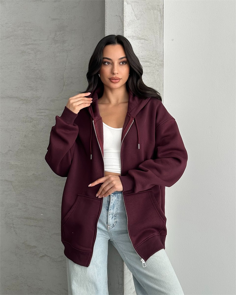 Fermuarlı Kapüşonlu Oversize Bordo Hırka