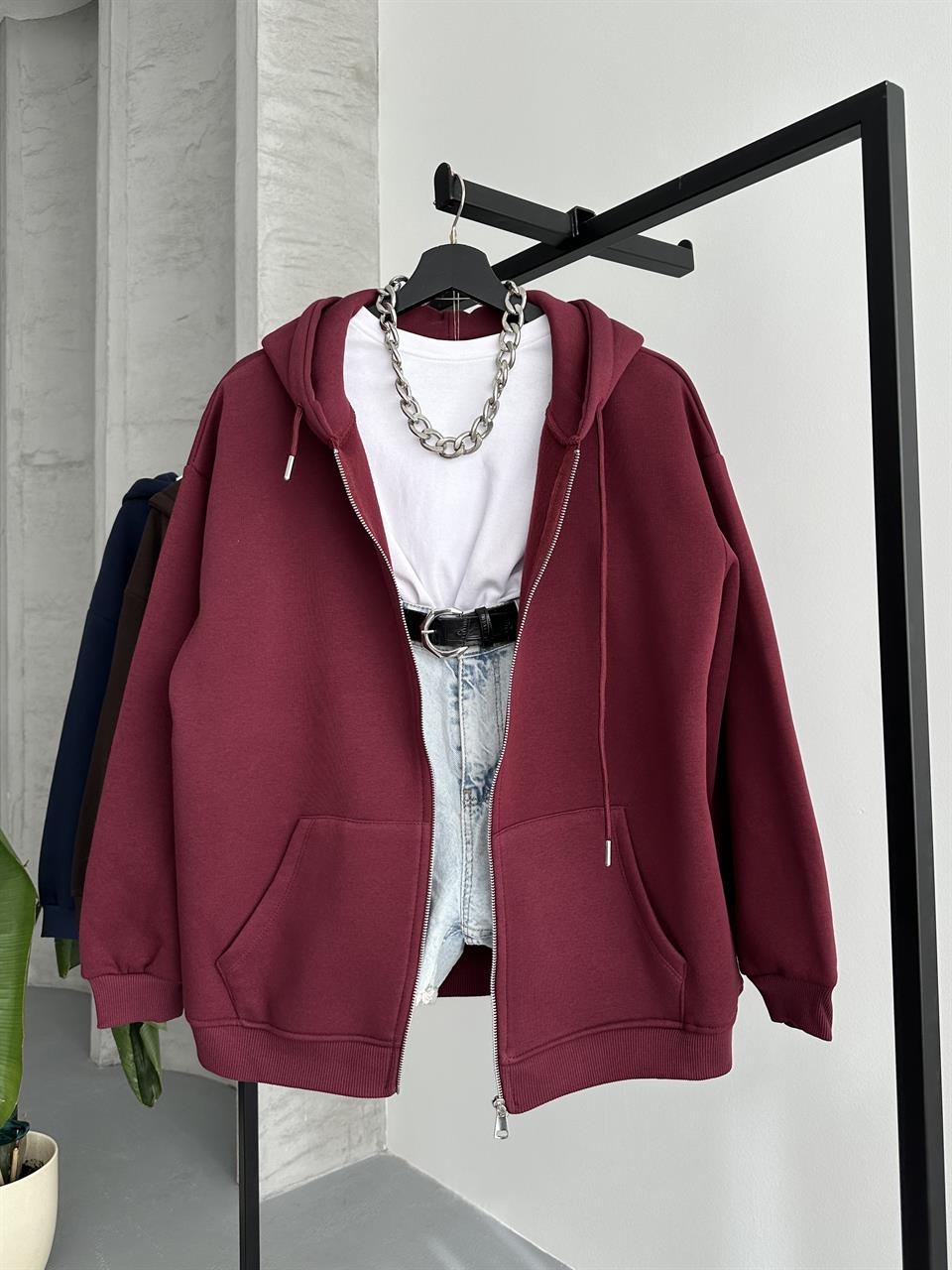 Fermuarlı Kapüşonlu Oversize Bordo Hırka