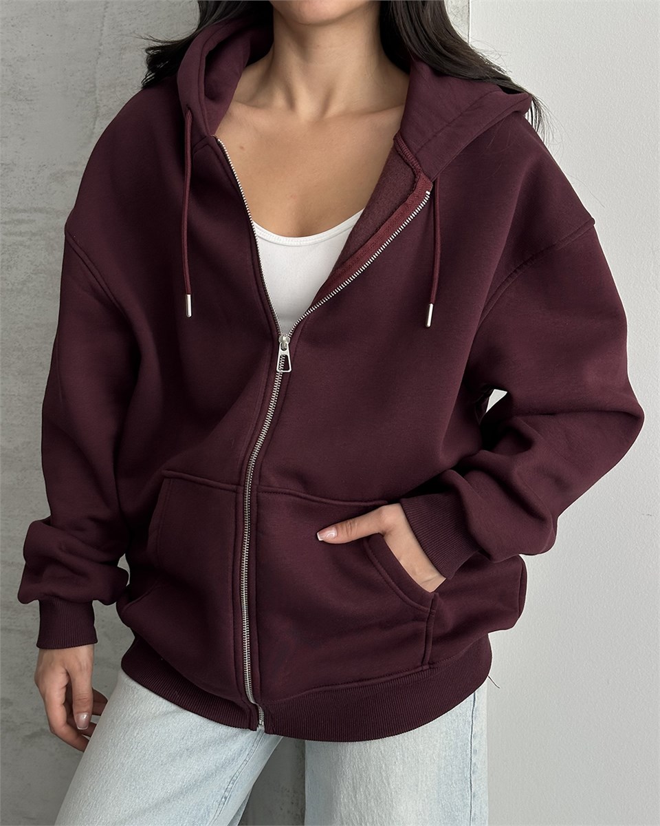 Fermuarlı Kapüşonlu Oversize Bordo Hırka