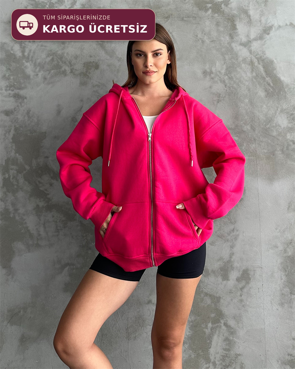 Fermuarlı Kapüşonlu Oversize Fuşya Hırka