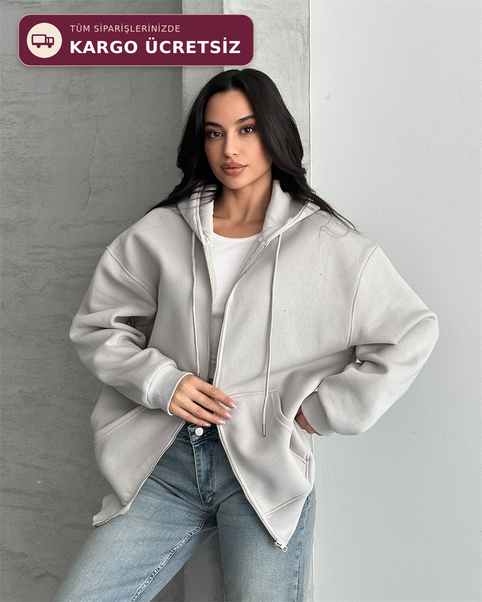 Fermuarlı Kapüşonlu Oversize Gri Hırka