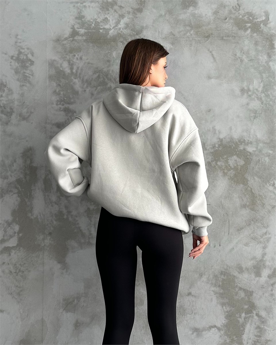 Fermuarlı Kapüşonlu Oversize Gri Hırka