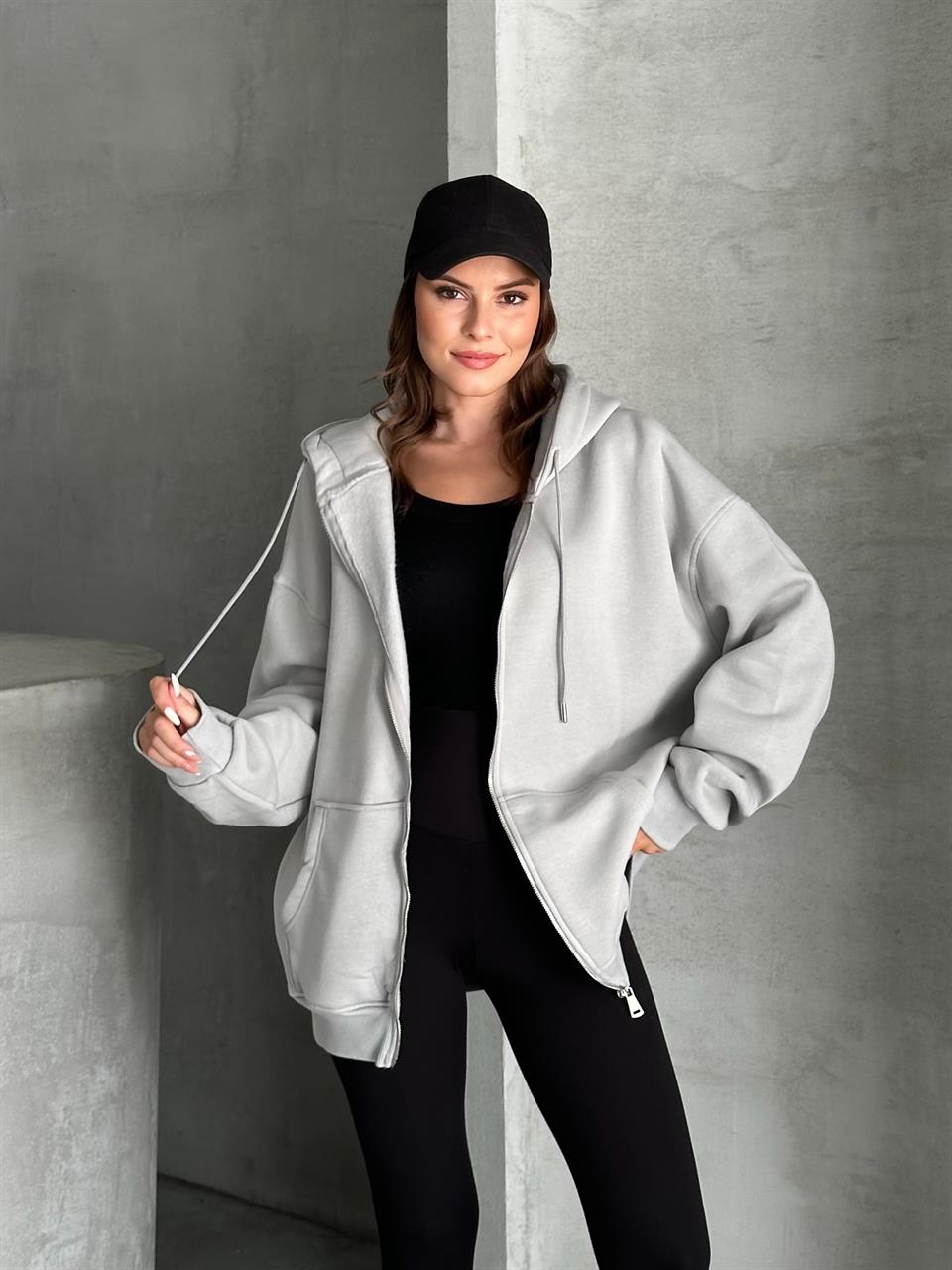 Fermuarlı Kapüşonlu Oversize Gri Hırka