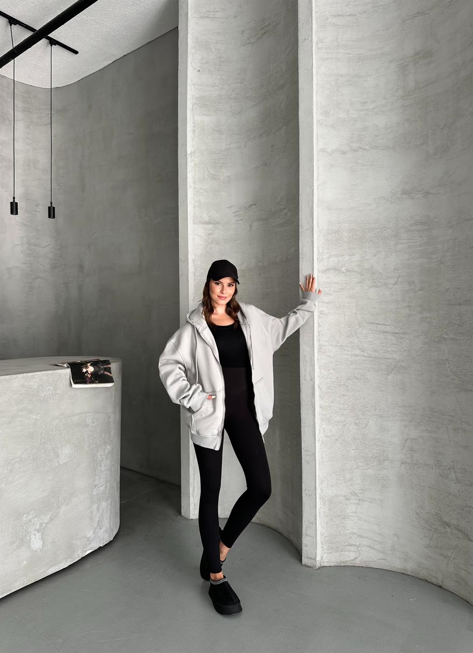 Fermuarlı Kapüşonlu Oversize Gri Hırka