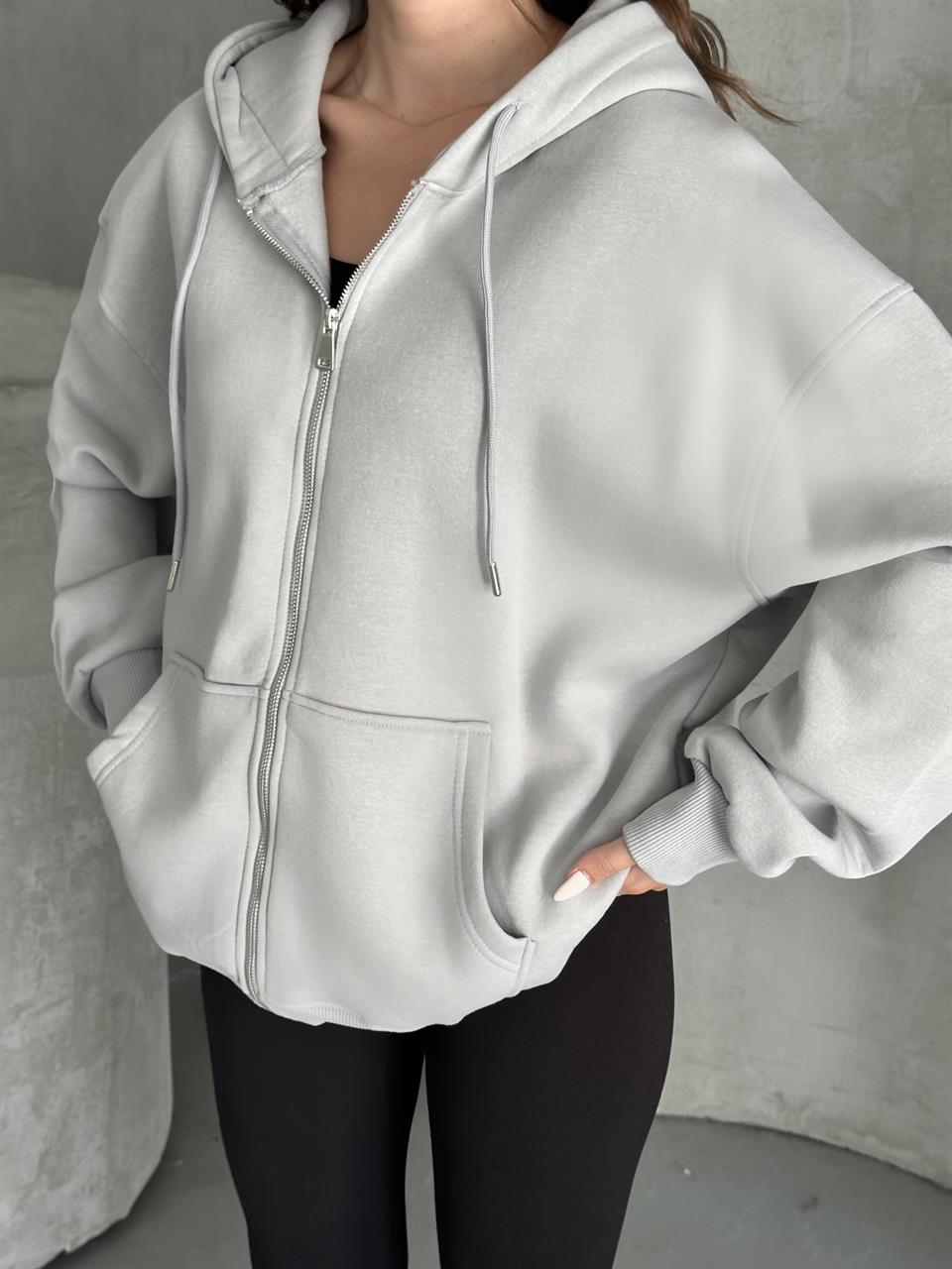 Fermuarlı Kapüşonlu Oversize Gri Hırka