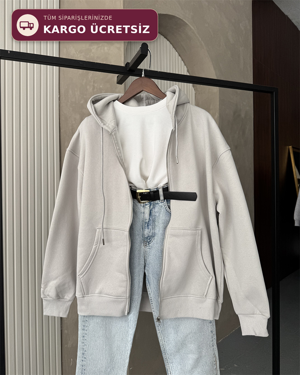 Fermuarlı Kapüşonlu Oversize Gri Hırka