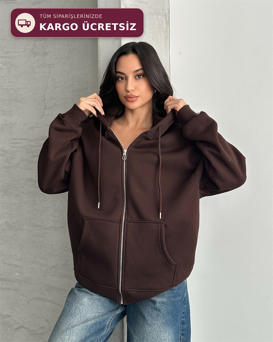 Fermuarlı Kapüşonlu Oversize Kahverengi Hırka
