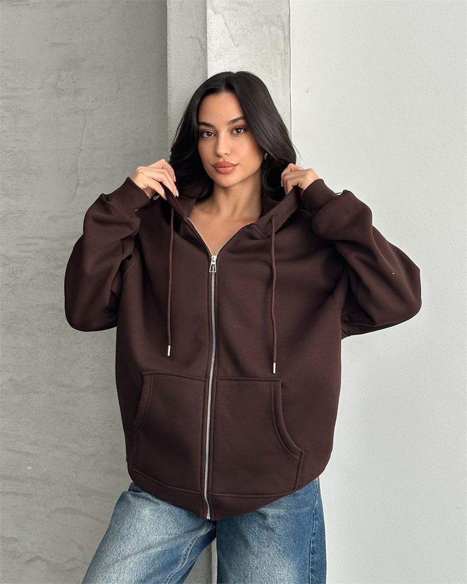 Fermuarlı Kapüşonlu Oversize Kahverengi Hırka