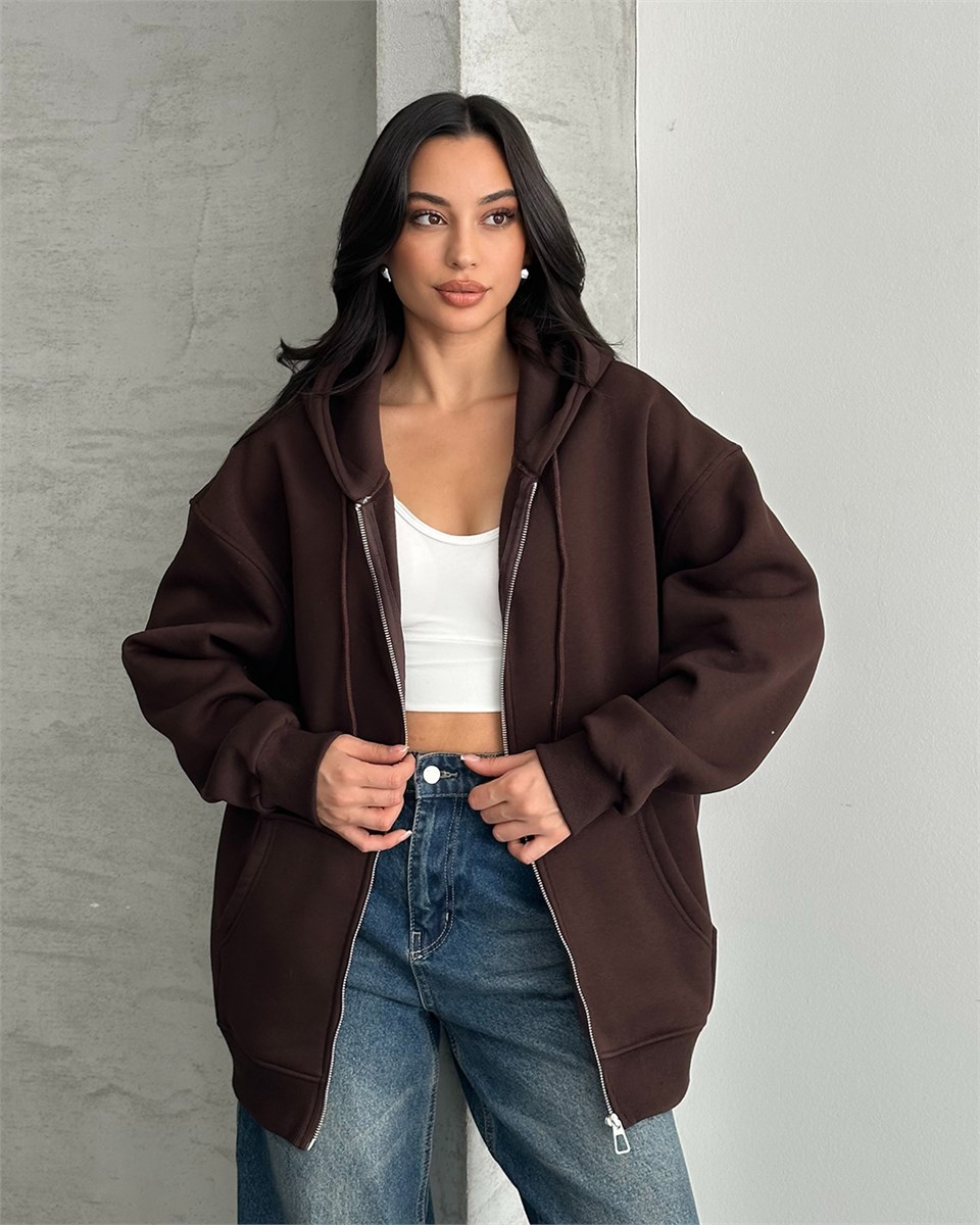 Fermuarlı Kapüşonlu Oversize Kahverengi Hırka