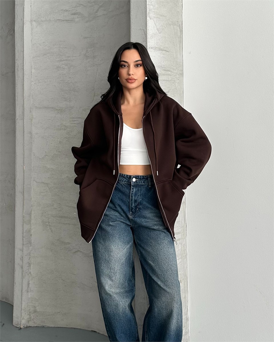 Fermuarlı Kapüşonlu Oversize Kahverengi Hırka