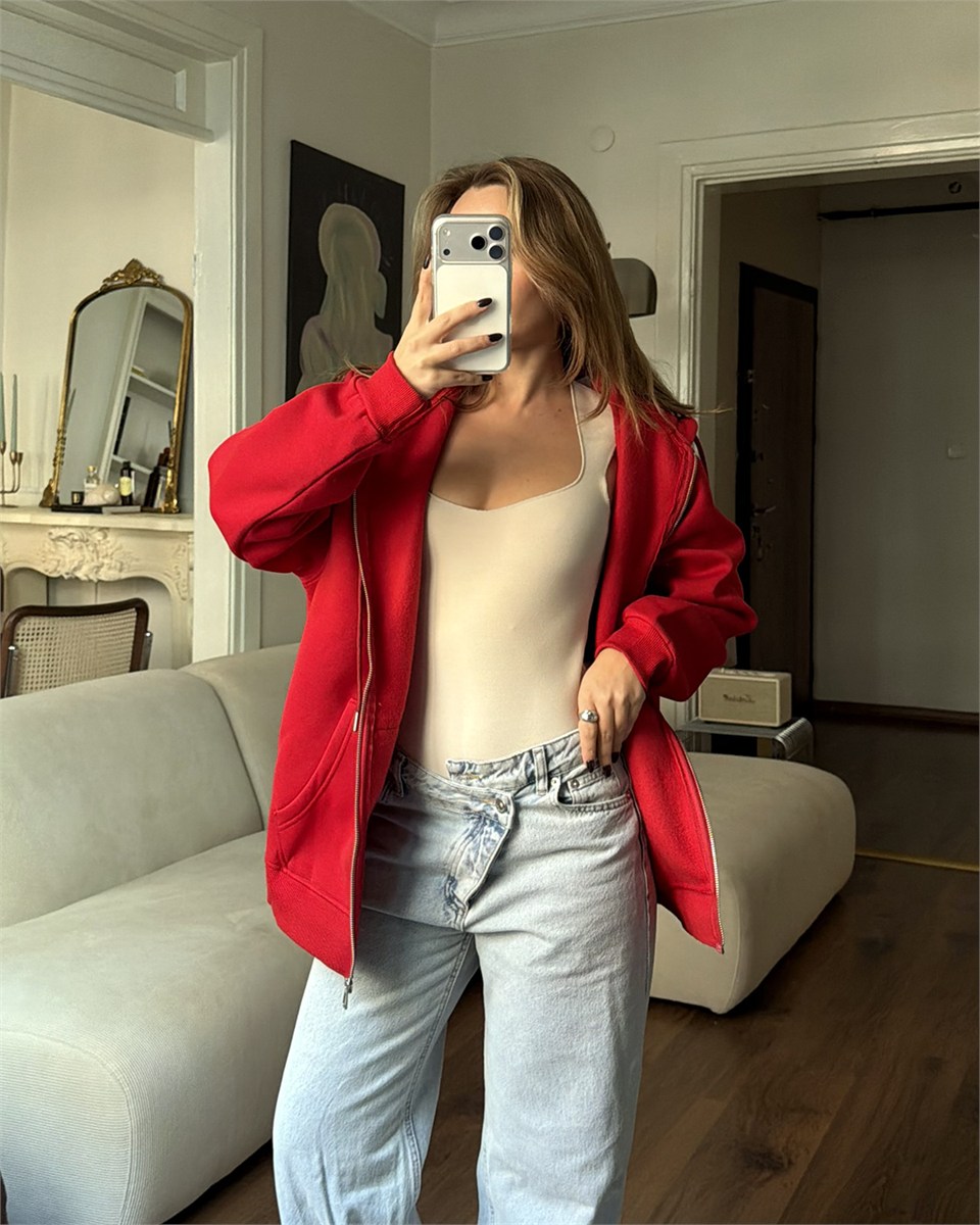 Fermuarlı Kapüşonlu Oversize Kırmızı Hırka