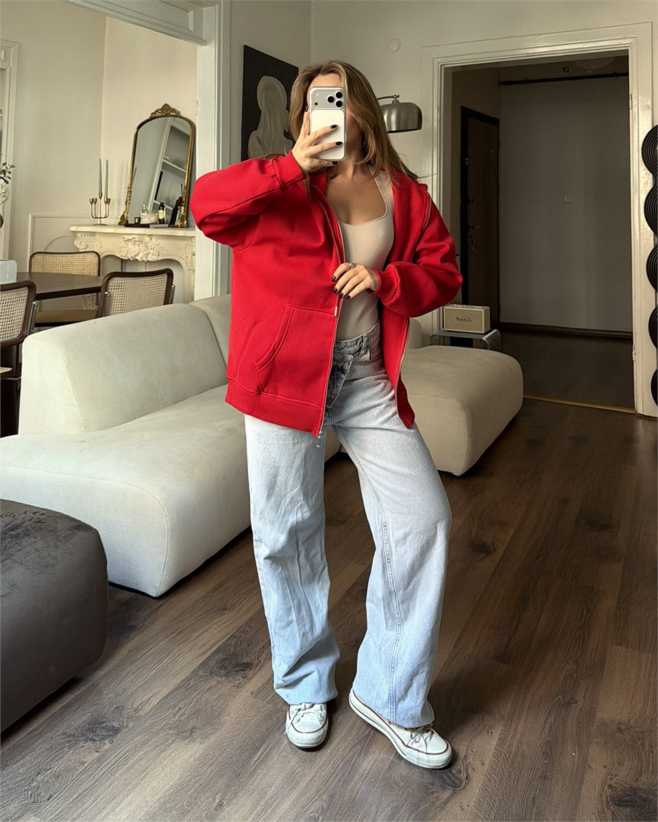 Fermuarlı Kapüşonlu Oversize Kırmızı Hırka