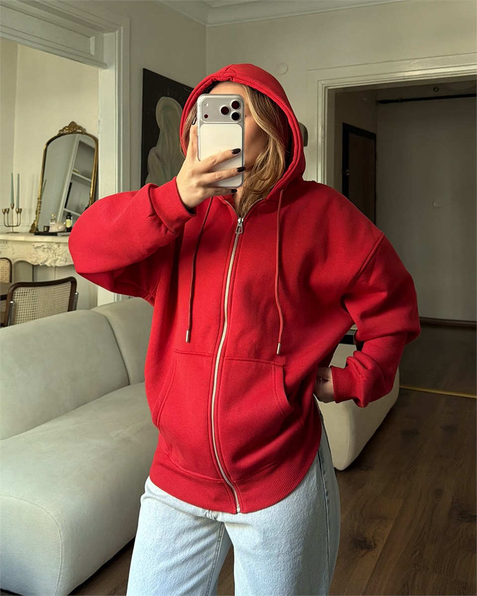 Fermuarlı Kapüşonlu Oversize Kırmızı Hırka