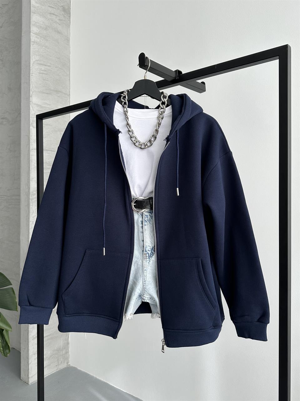 Fermuarlı Kapüşonlu Oversize Lacivert Hırka