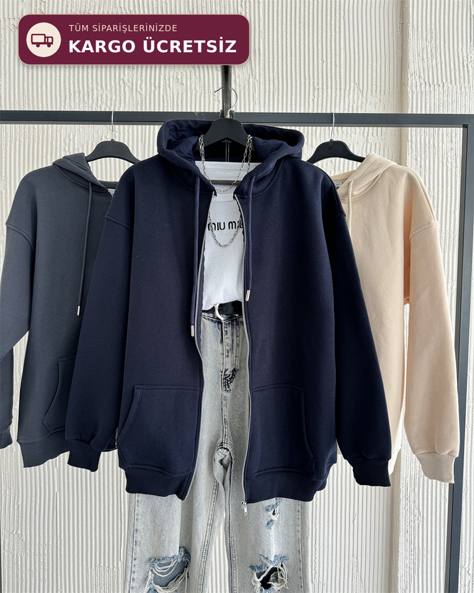 Fermuarlı Kapüşonlu Oversize Lacivert Hırka