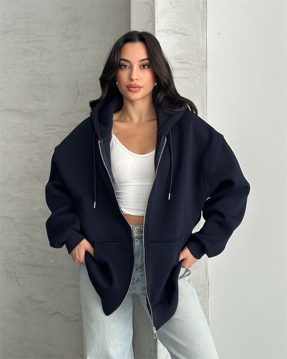 Fermuarlı Kapüşonlu Oversize Lacivert Hırka