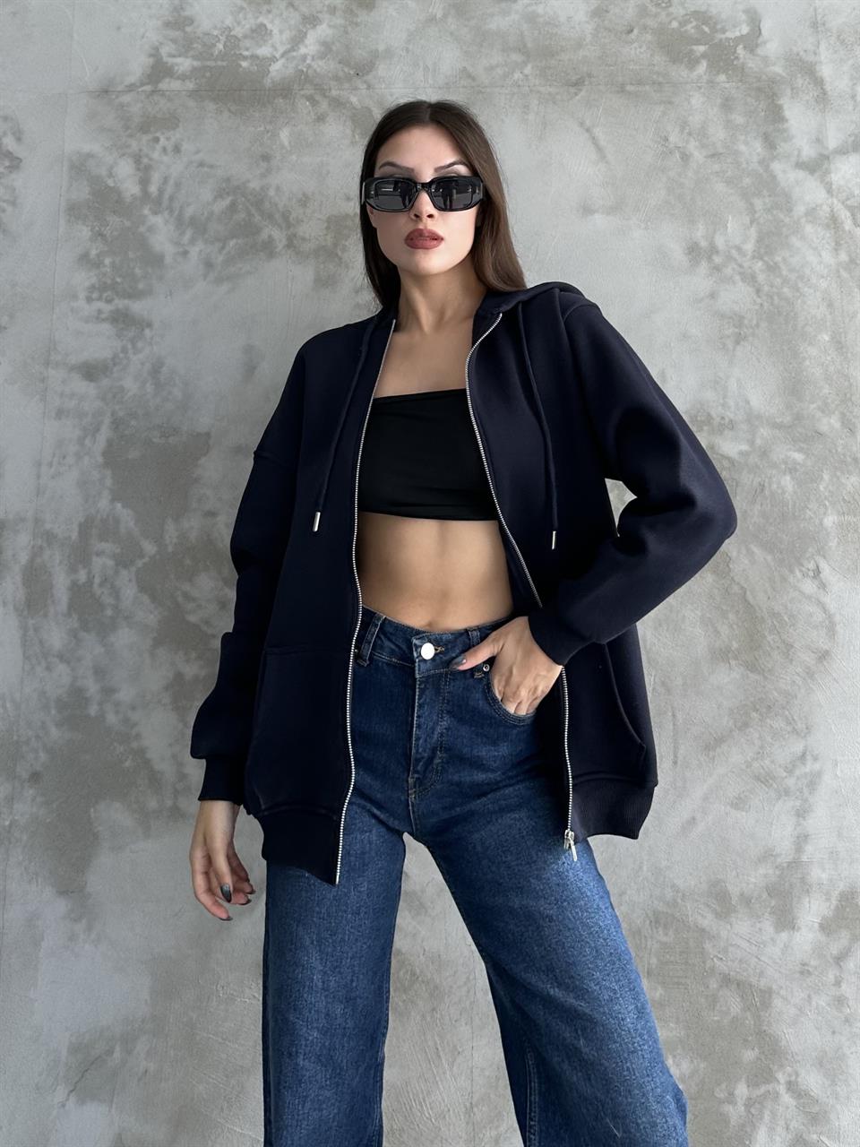 Fermuarlı Kapüşonlu Oversize Lacivert Hırka
