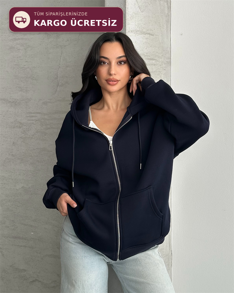 Fermuarlı Kapüşonlu Oversize Lacivert Hırka