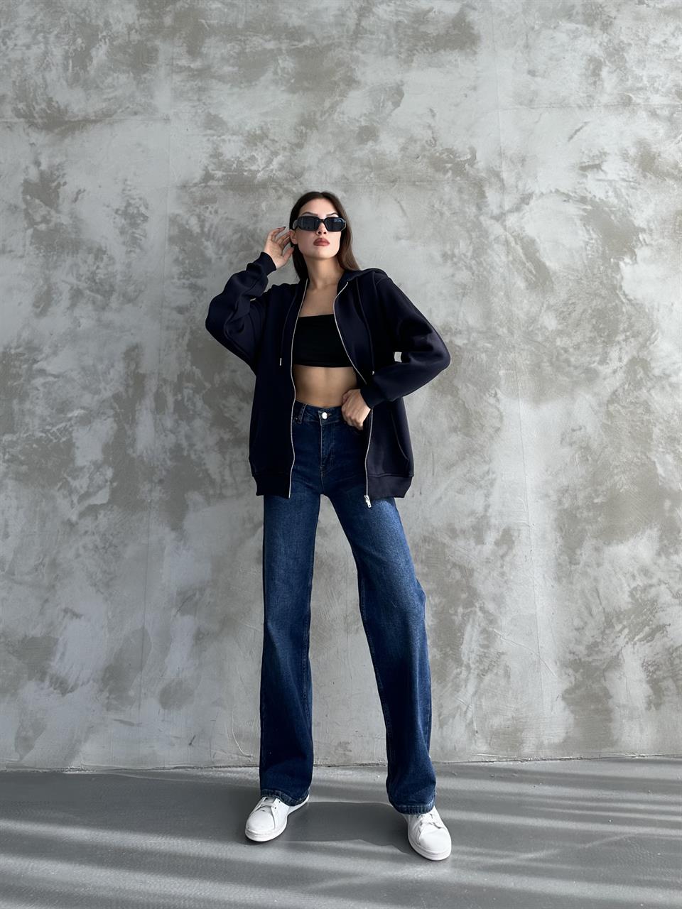 Fermuarlı Kapüşonlu Oversize Lacivert Hırka