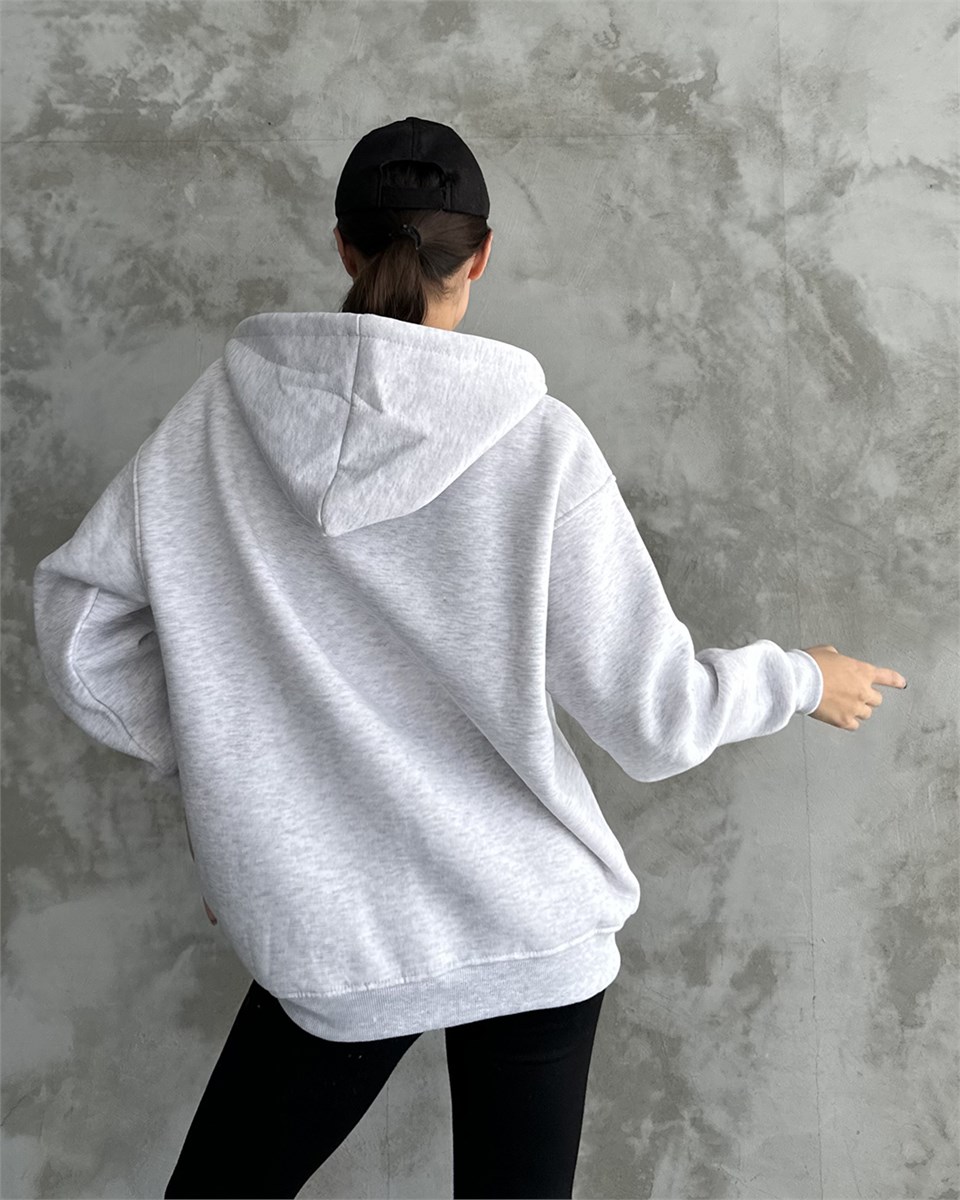 Fermuarlı Kapüşonlu Oversize Melanj Hırka