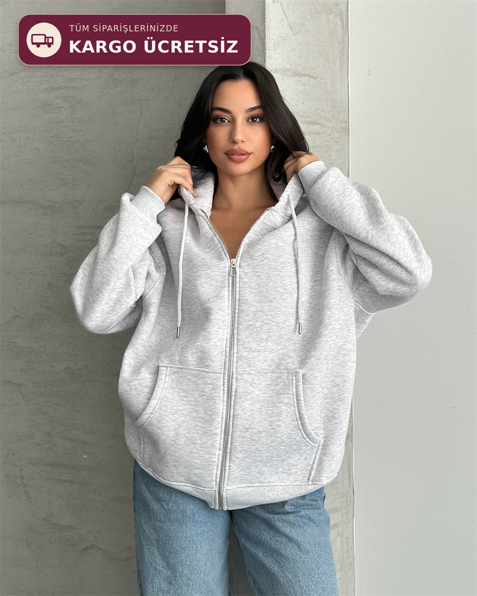 Fermuarlı Kapüşonlu Oversize Melanj Hırka