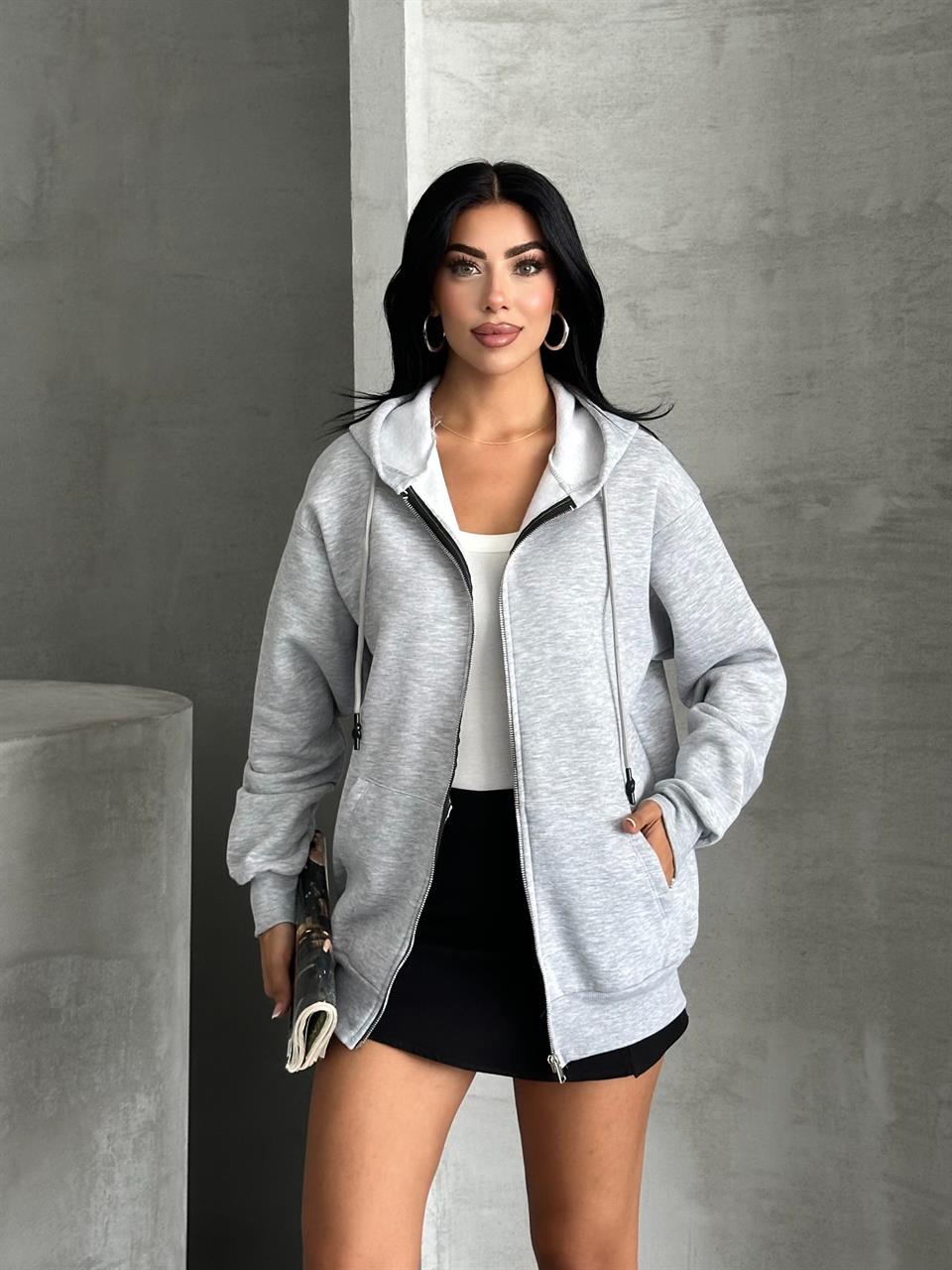 Fermuarlı Kapüşonlu Oversize Melanj Hırka