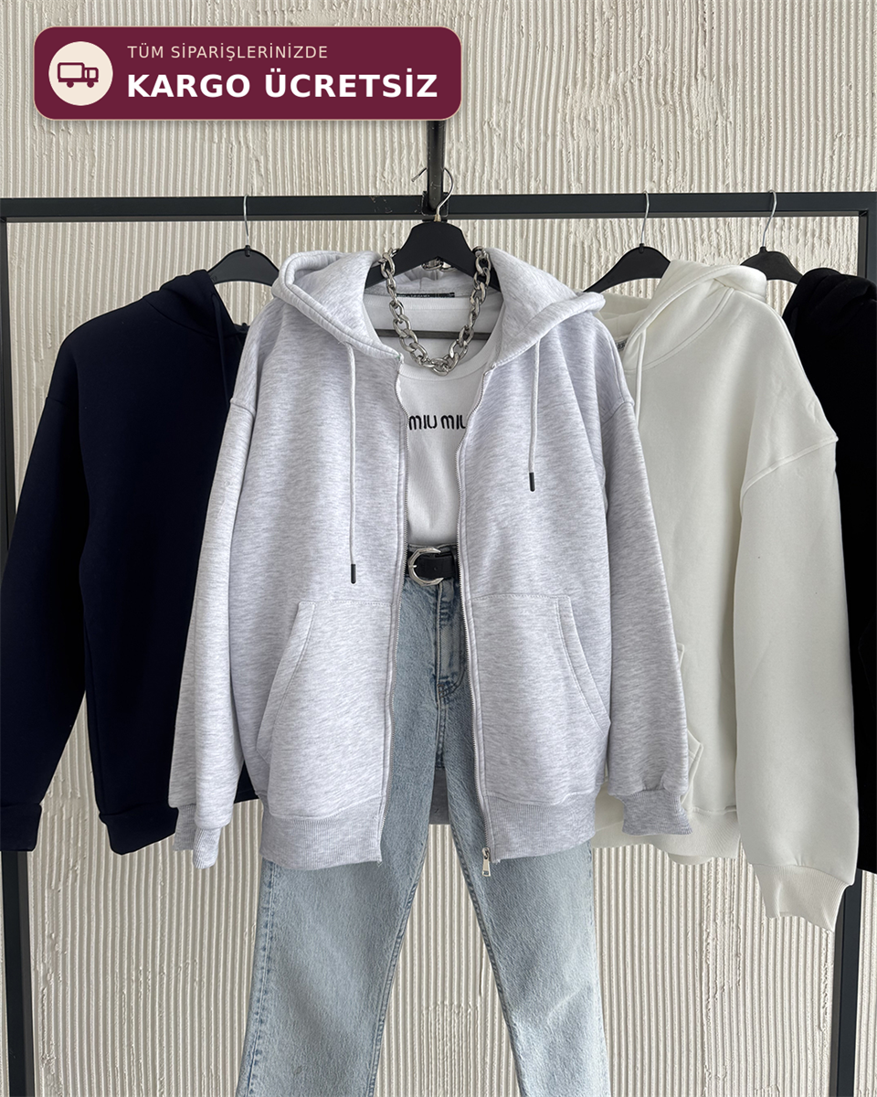 Fermuarlı Kapüşonlu Oversize Melanj Hırka