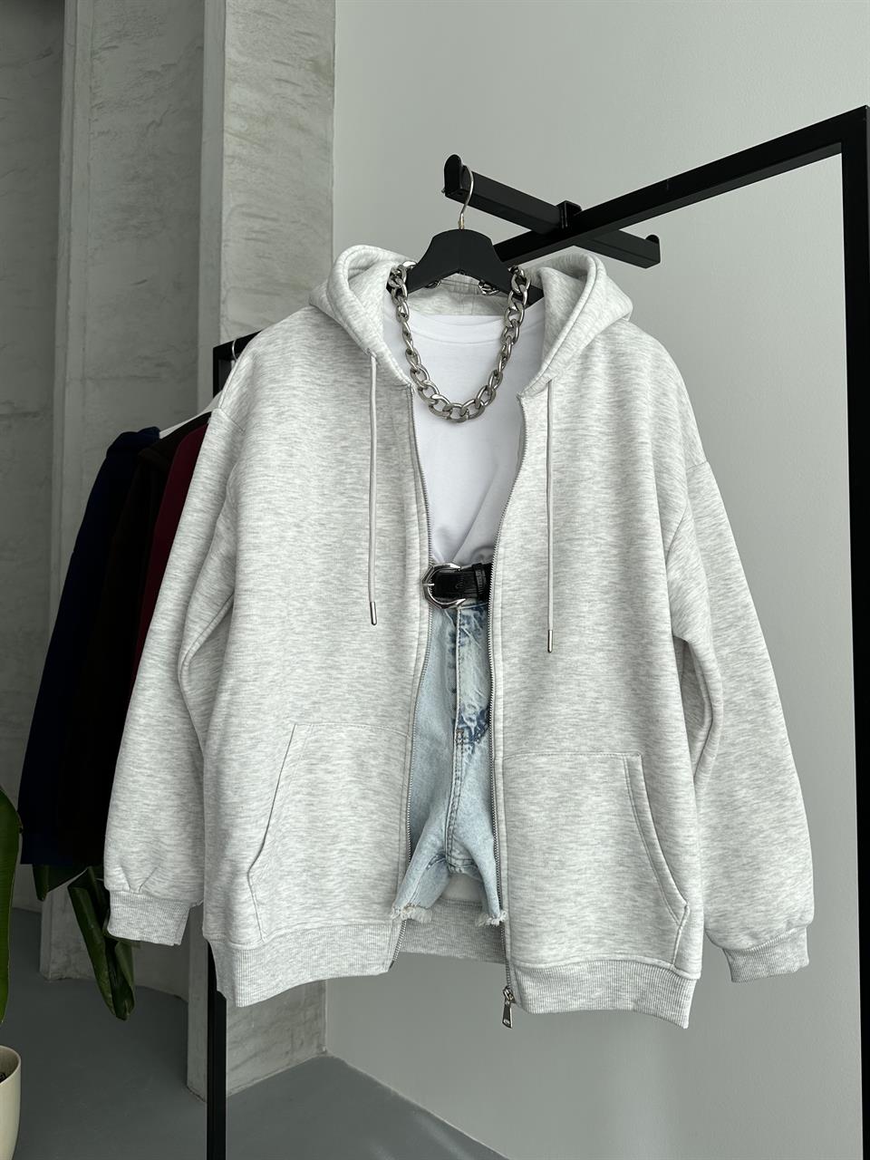 Fermuarlı Kapüşonlu Oversize Melanj Hırka