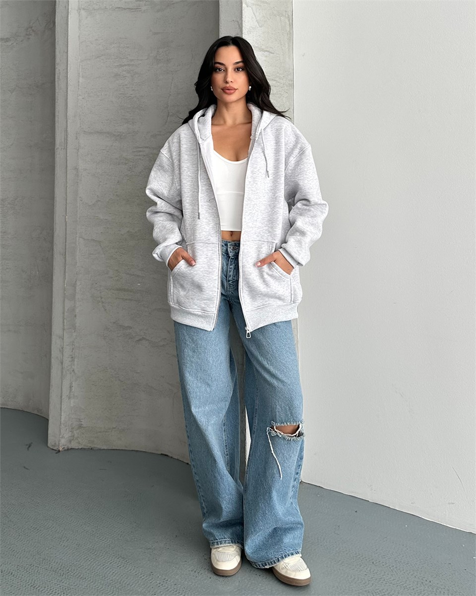 Fermuarlı Kapüşonlu Oversize Melanj Hırka