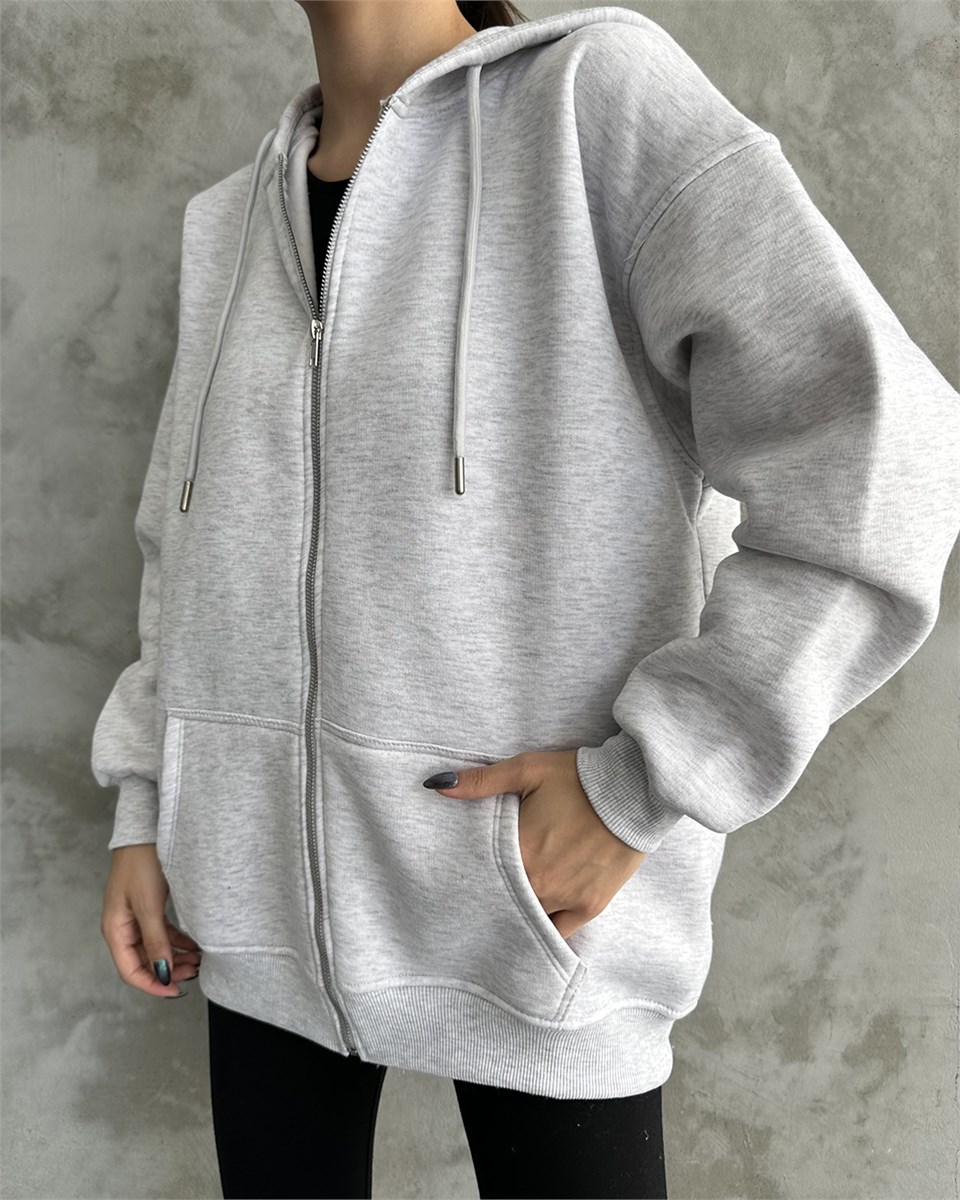 Fermuarlı Kapüşonlu Oversize Melanj Hırka