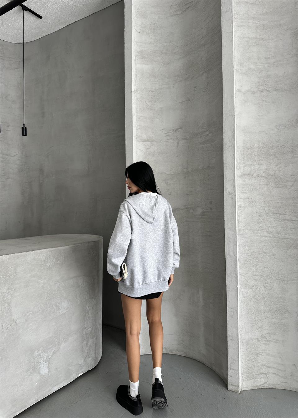 Fermuarlı Kapüşonlu Oversize Melanj Hırka