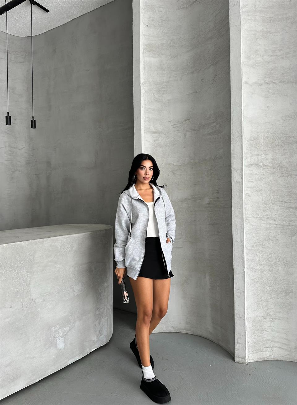 Fermuarlı Kapüşonlu Oversize Melanj Hırka