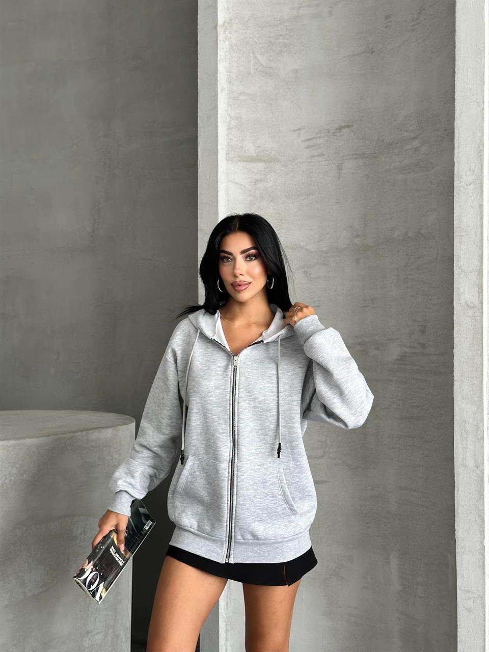 Fermuarlı Kapüşonlu Oversize Melanj Hırka