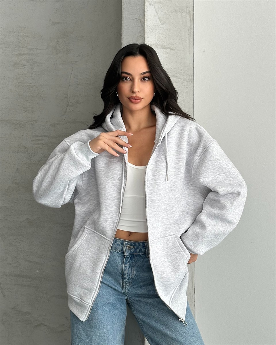 Fermuarlı Kapüşonlu Oversize Melanj Hırka