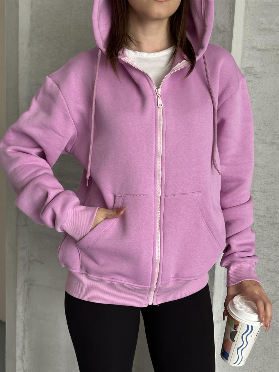 Fermuarlı Kapüşonlu Oversize Mor Hırka