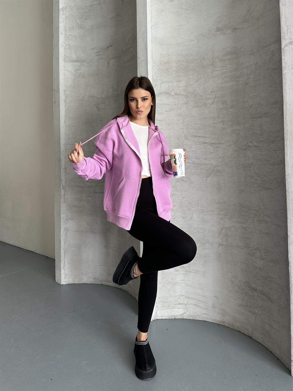 Fermuarlı Kapüşonlu Oversize Mor Hırka