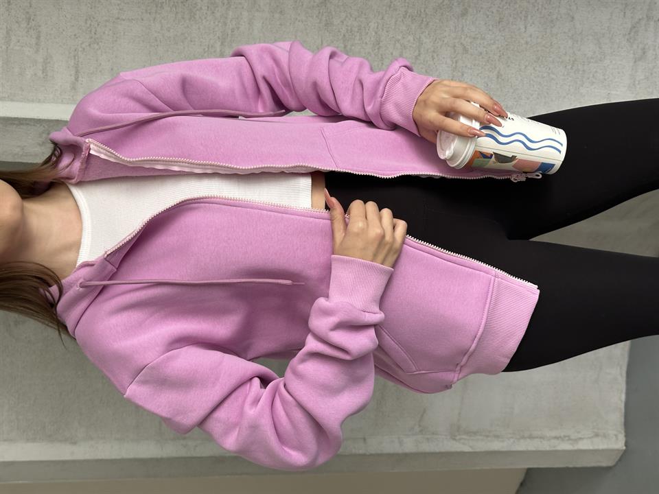 Fermuarlı Kapüşonlu Oversize Mor Hırka