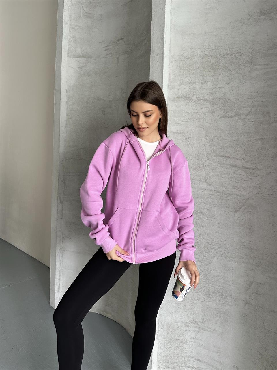 Fermuarlı Kapüşonlu Oversize Mor Hırka