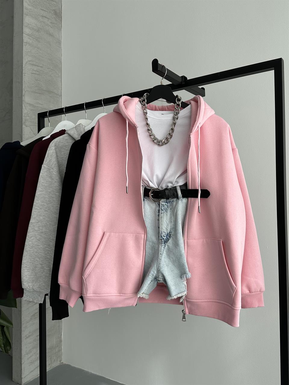 Fermuarlı Kapüşonlu Oversize Pembe Hırka
