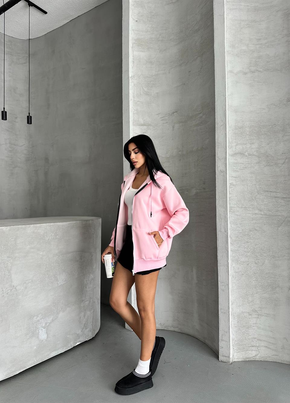 Fermuarlı Kapüşonlu Oversize Pembe Hırka