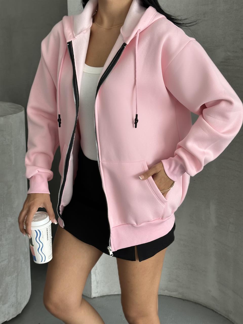 Fermuarlı Kapüşonlu Oversize Pembe Hırka