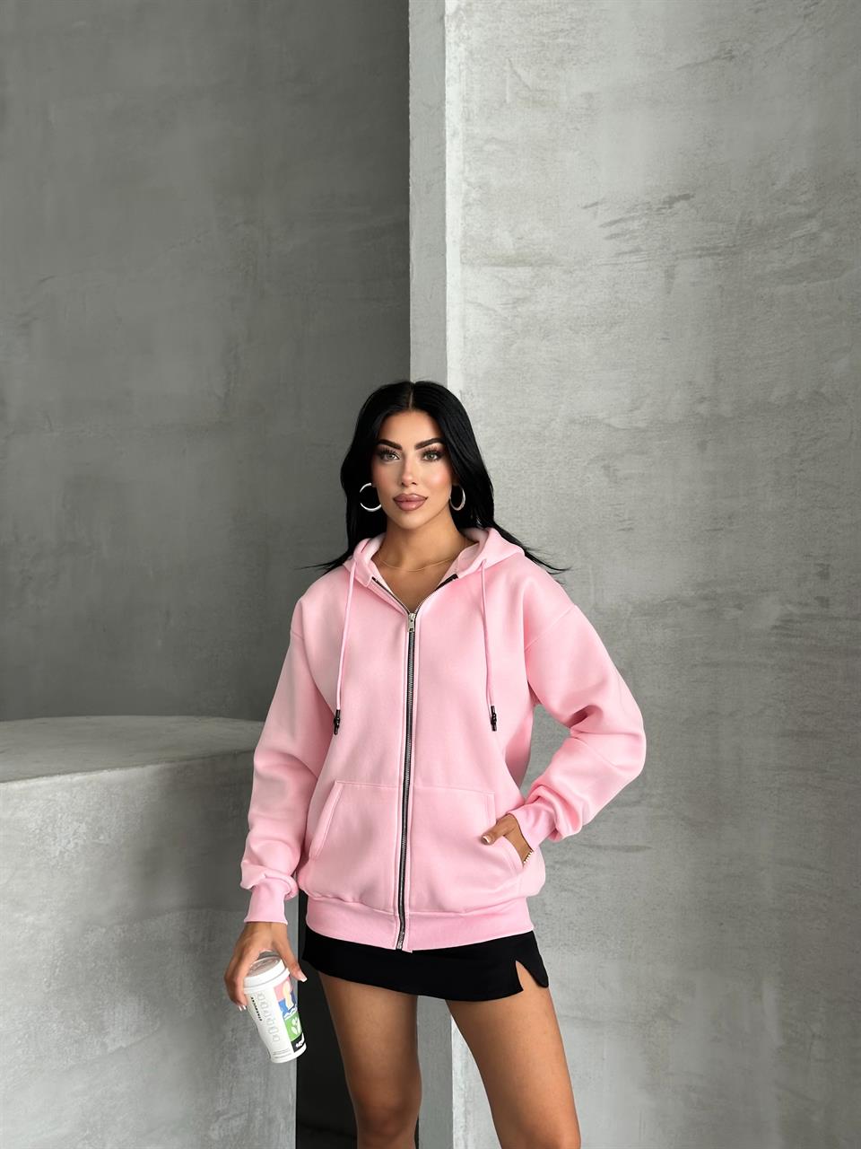 Fermuarlı Kapüşonlu Oversize Pembe Hırka