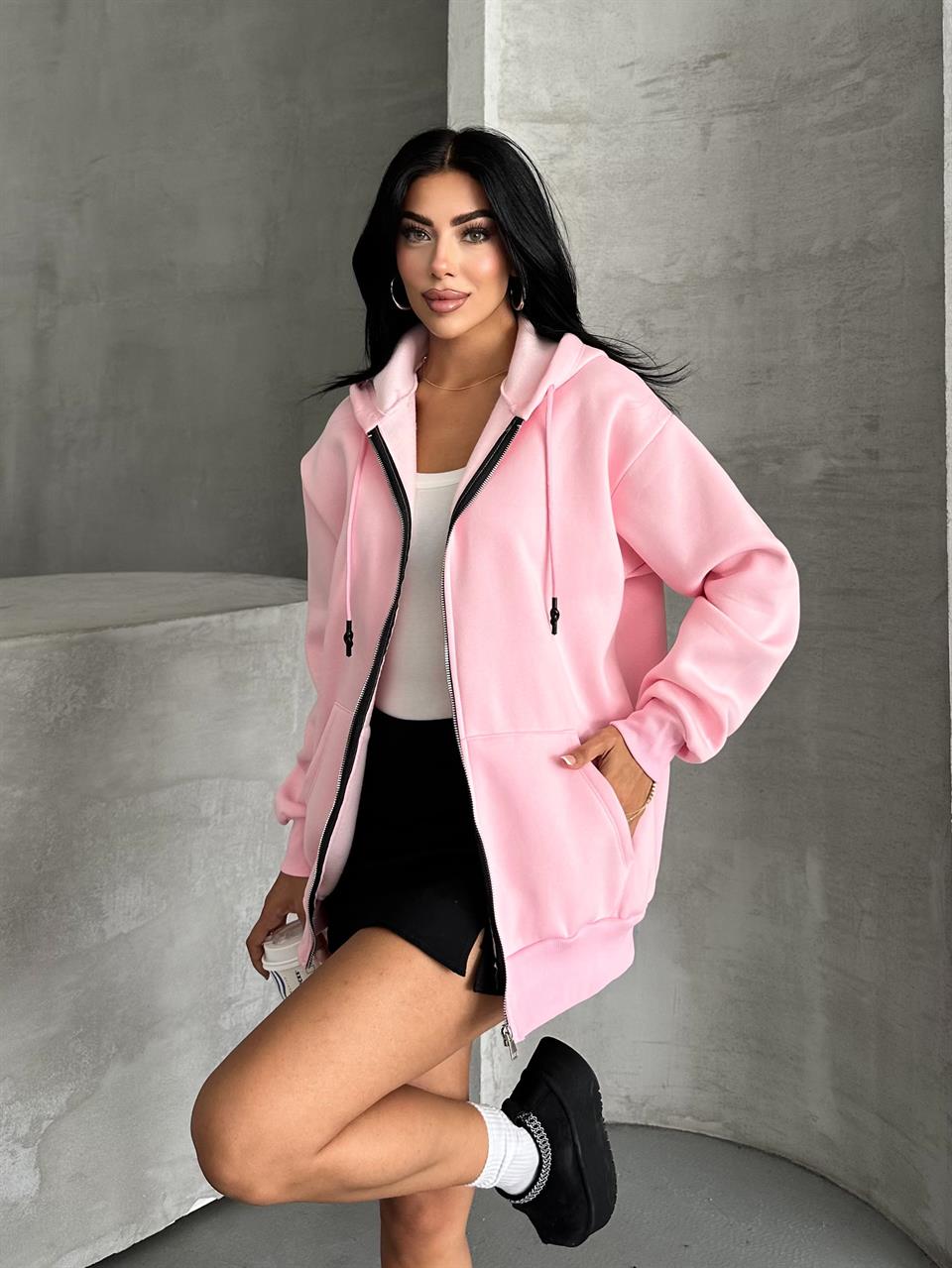Fermuarlı Kapüşonlu Oversize Pembe Hırka
