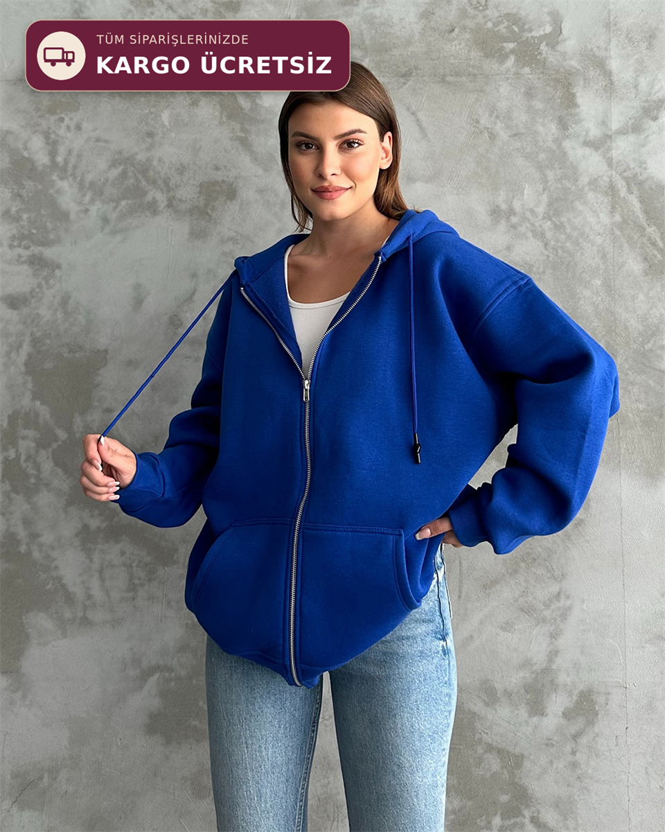 Fermuarlı Kapüşonlu Oversize Saks Mavisi Hırka