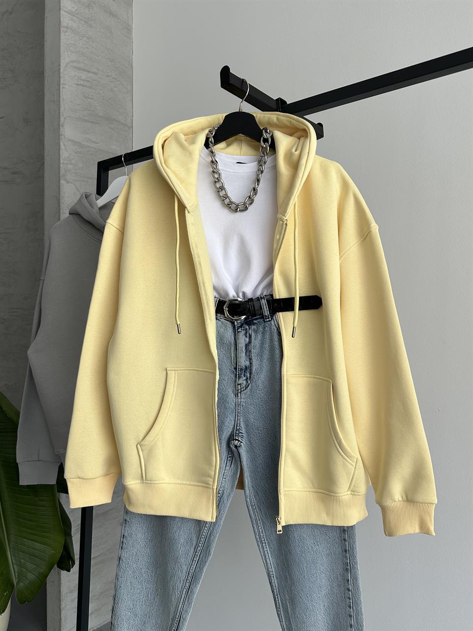 Fermuarlı Kapüşonlu Oversize Sarı Hırka