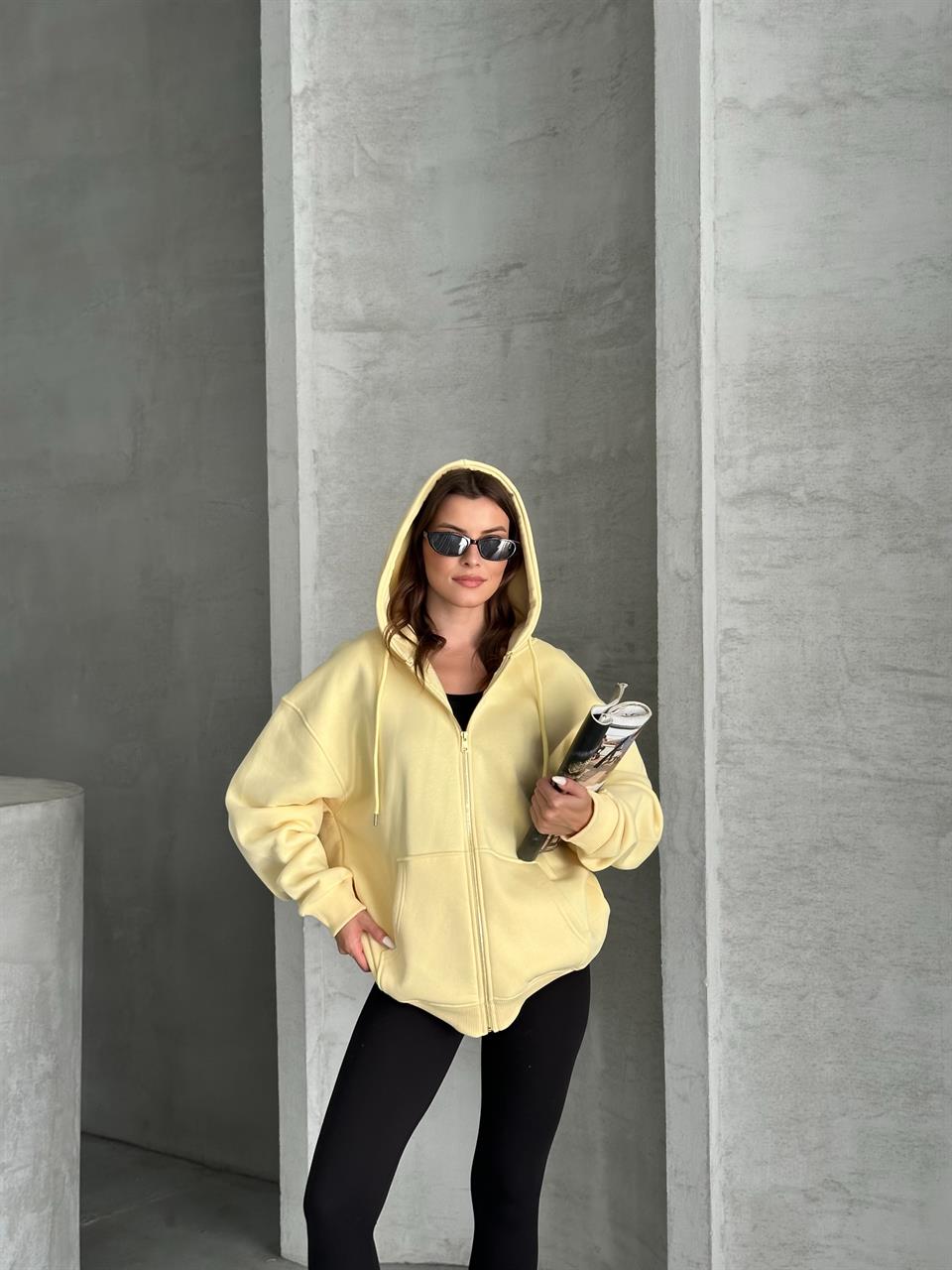 Fermuarlı Kapüşonlu Oversize Sarı Hırka